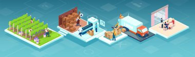 Şarap üretim sürecinin Isometric vektörü, üzümlerden üretilen içecek, üzüm bağlarından üretilen zincir fabrikadan fabrikaya, süpermarket raflarında veya restoranda tüketiciye. 