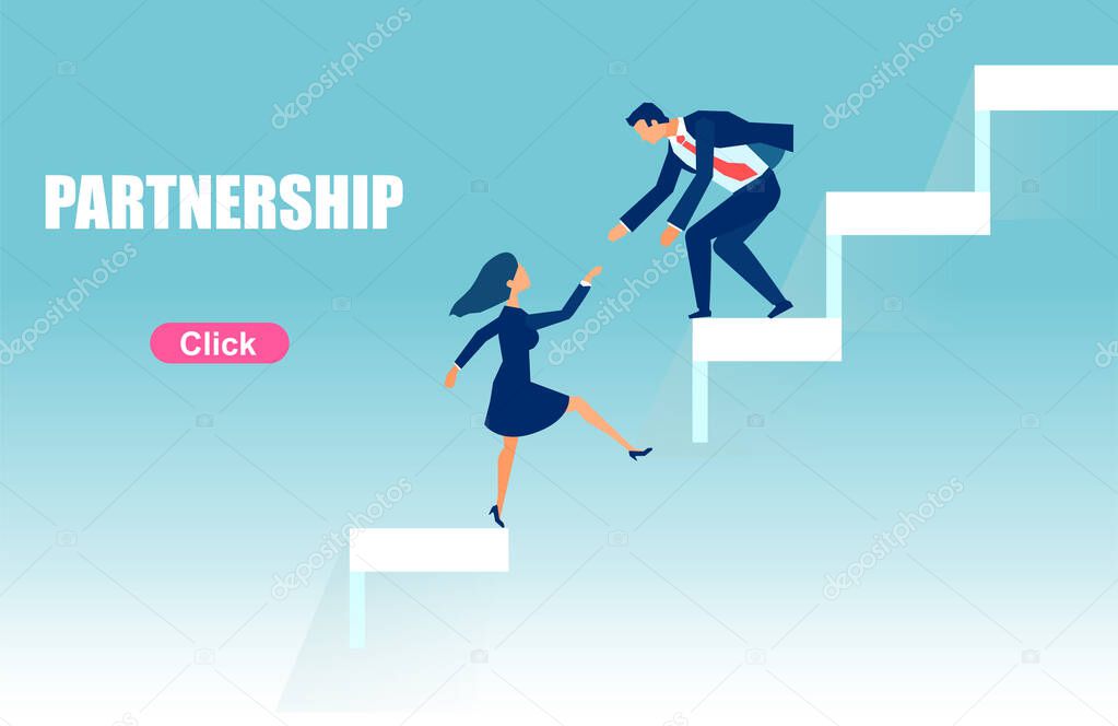 Vector of a businessman pulling up the stairs female partner helping to overcome a difficulty 