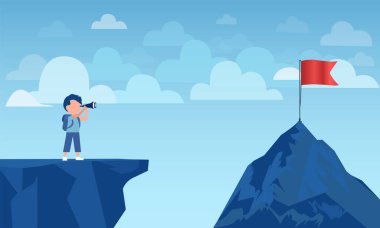 Uçurumun kenarındaki küçük bir çocuğun dürbünle dağın tepesindeki kırmızı bir bayrağa bakması.