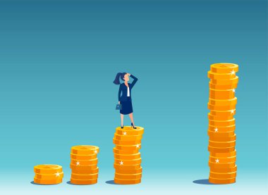 Büyüyen bir madeni para yığınının üzerinde duran bir iş kadınının vektörü en büyük finansal hedeflere nasıl ulaşacağını düşünüyor. 