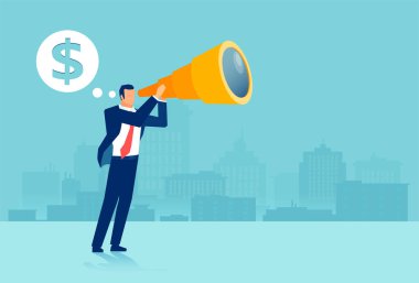 Dürbün kullanan bir işadamının vektörü büyük paralar peşinde geleceğe bakıyor.