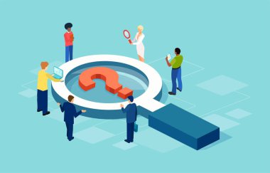 İş adamlarının büyüteç etrafında soru işaretiyle duran vektörü