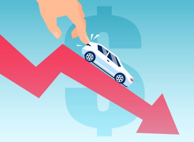 Finansal bir grafikte arabayı iten bir adamın vektörü. Otomobil değer kaybı kavramı