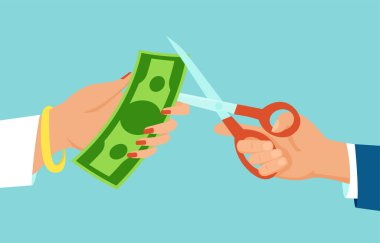 Elinde makasla bir erkeğin vektörü dolar kesen banknot, bir kadının geliri 