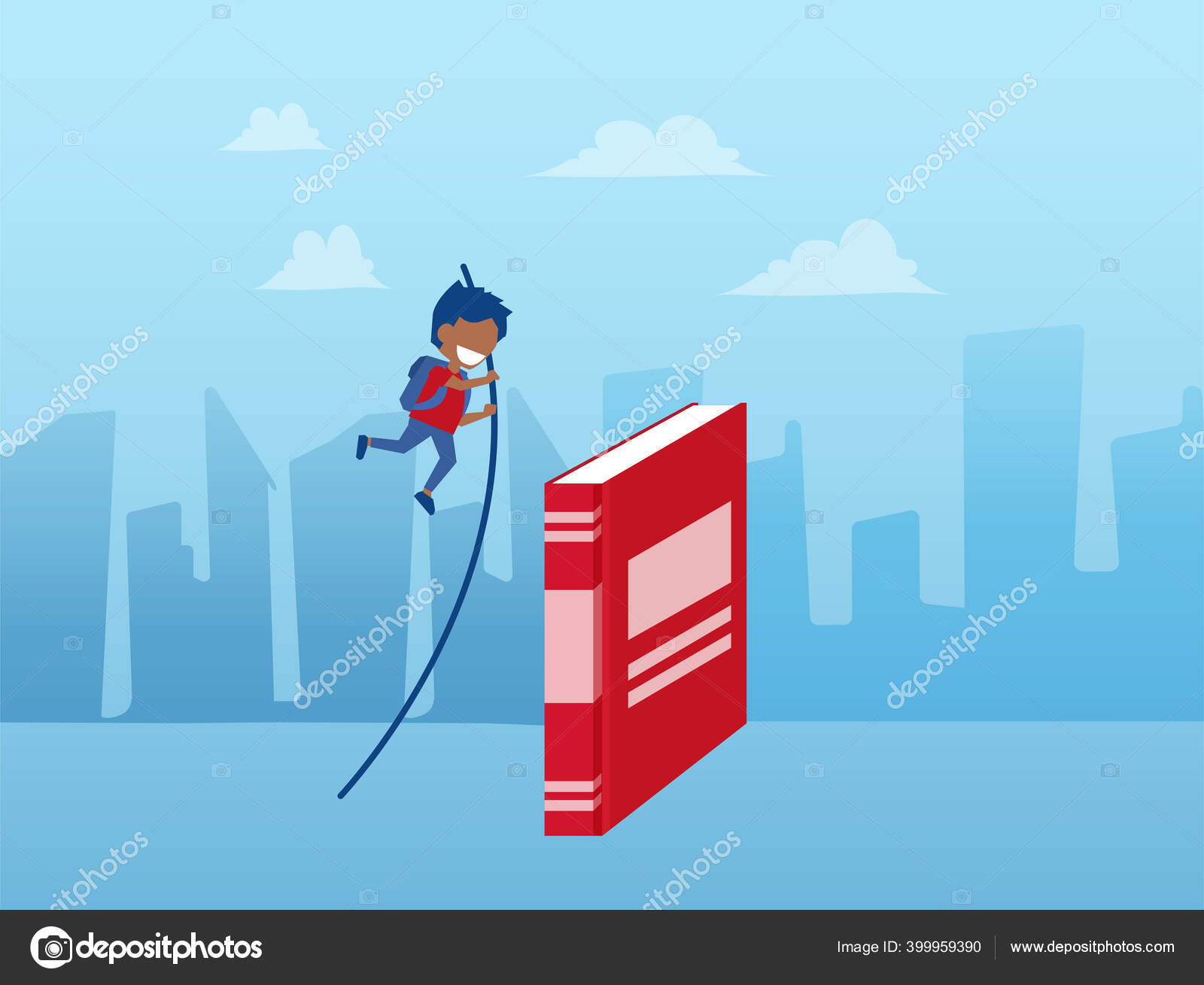 Vector Child Pole Vaulting Book Cityscape Background Stock Vector Image