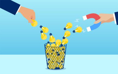 Yaratıcı fikirleri çeken mıknatısı olan bir iş adamının vektörü çöp kutusu oluşturur. 