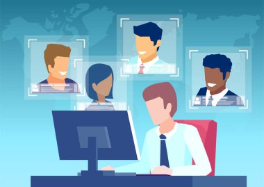 Bir iş adamı takım liderinin vektörü konferans görüşmesiyle çalışanlarla çevrimiçi sohbet ediyor. Mesafe çalışma kavramı
