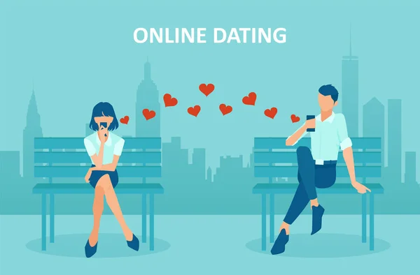 Online Dating Concept Vector Young Woman Man Chatting Mobile App — Stock Vector