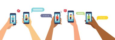 Akıllı telefon kullanan ve sosyal medya mobil uygulaması ile iletişim kuran gençlerin vektörü. 