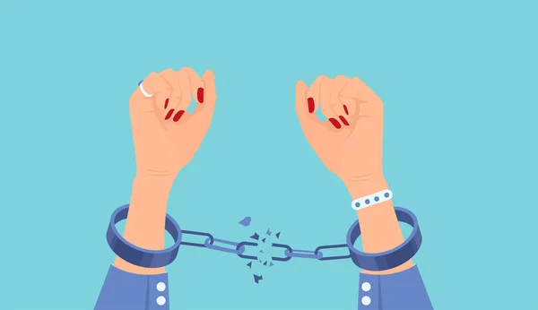 Vector Woman Breaking Handcuffs Enjoying Freedom — Stock Vector