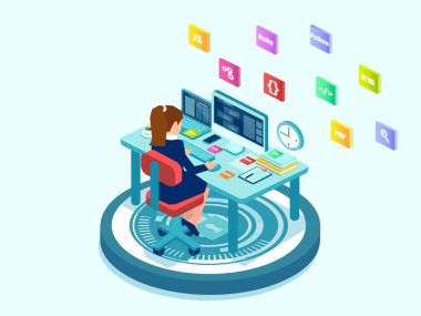Bir kadın programcı yazılım mühendisinin masaüstünde kodlanan Isometric vektörü 