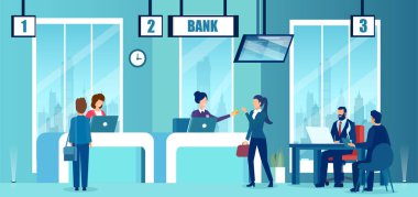 Modern bir banka ofisinin, yöneticiler, kasiyerler, çalışanlar ve müşteri karakterleriyle iç işleri vektörü.