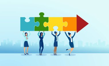 Elinde ok şeklinde yapboz parçaları tutan çeşitli genç kadınların taşıyıcısı 