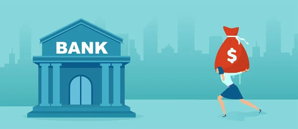 Διάνυσμα Μιας Επιχειρηματία Που Μεταφέρει Ένα Σάκο Χρήματα Στην Τράπεζα — Διανυσματικό Αρχείο
