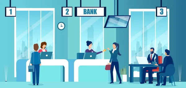 Vektor Moderního Interiéru Bankovní Kanceláře Manažery Pokladníky Zaměstnanci Zákazníky — Stockový vektor