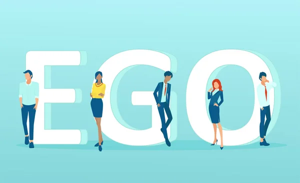 Vetor Homens Mulheres Pela Palavra Ego Fundo Azul —  Vetores de Stock