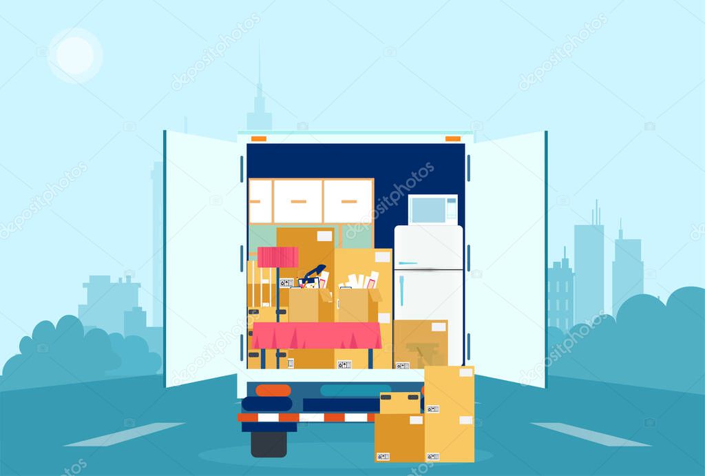 Vector of a moving truck with cardboard boxes and furniture inside on cityscape background 