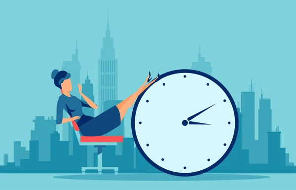Vector Young Procrastinating Business Woman Sitting Office Her Legs Alarm — Stock Vector