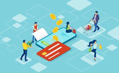 Finansal uygulama kullanarak akıllı telefonla ödeme yapan insanların vektörü