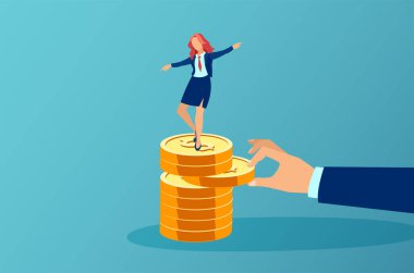 Üzerinde dengeli bir iş kadını olan bir para yığınından para çıkaran büyük bir işadamının vektörü.