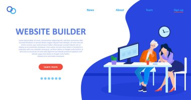 Web sitesi için web sayfası tasarımı üzerinde çalışan bir erkek ve kadının vektörü. 