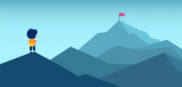 赤い旗を持つ山の頂上を見てリュックを持つ小さな男の子のベクトル — ストックベクタ