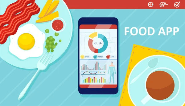 Vector Van Een Voedingsplaat Smartphone Met Dagelijkse Calorieberekening App — Stockvector