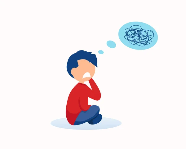 Vector Young Frustrated Boy Sitting Having Bewildered Thoughts His Mind — Stock Vector