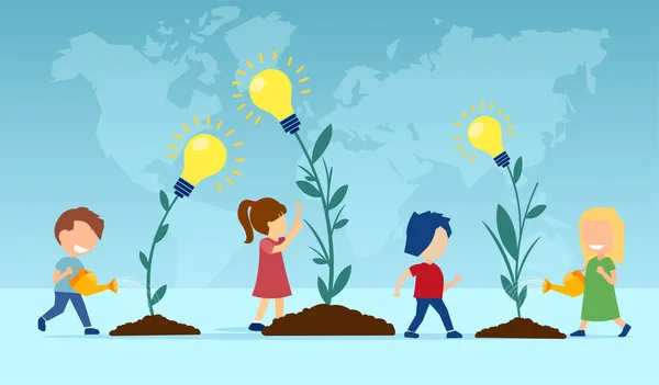 Vector Grupo Niños Plantando Regando Flores Con Ideas Bombillas — Vector de stock