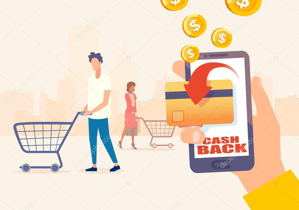 Cashback program concept. Vector of shopping people using credit or debit card earning bonus cash back money