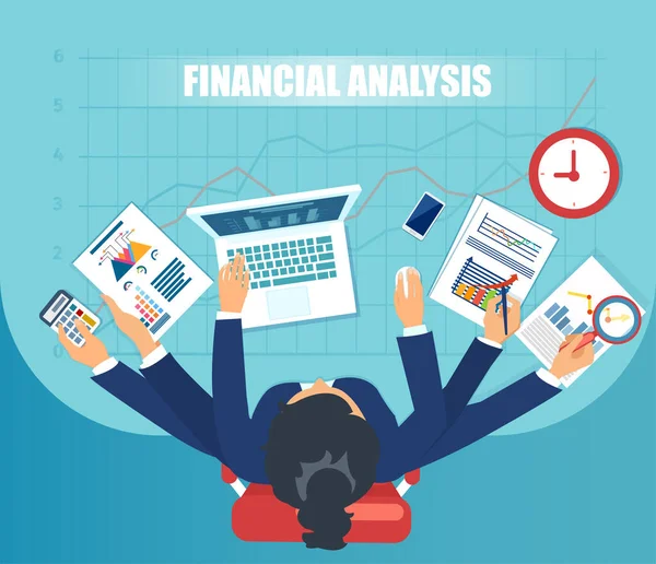 Vektor Zaneprázdněného Multitasking Businesswoman Finančního Analytika — Stockový vektor