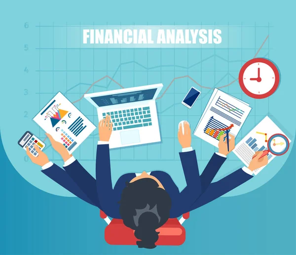 Vecteur Une Analyste Financière Multitâche Occupée — Image vectorielle