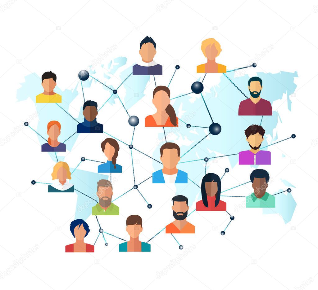 Vector of a global network of interconnected people on a world map background 