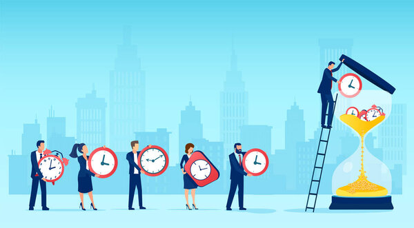 Time is money concept. Vector of business people transforming wall clock into gold coins