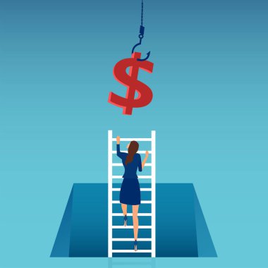 Bir iş kadınının paraya ulaşmak için merdivene tırmanması kancada asılı duruyor.