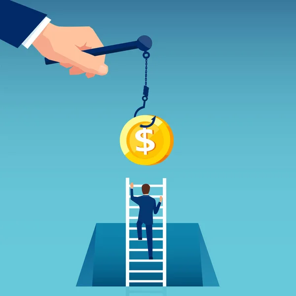 Vector Business Man Climbing Ladder Reach Money Hanging Hook — Stock Vector
