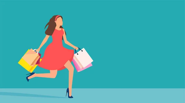 買い物袋を持って走る幸せな買い物客の女性のベクトル — ストックベクタ