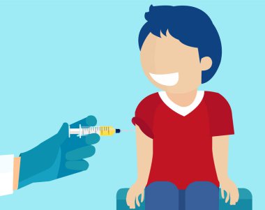 Çocuk aşısı konsepti. Küçük bir çocuğun omzuna şırınga aşısı enjekte eden bir doktorun vektörü.