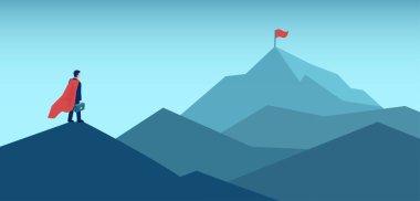 Vector of an ambitious business man looking at the top of the mountain with red flag clipart