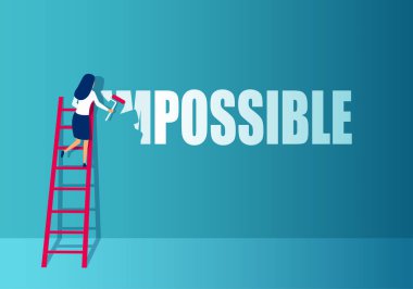 Merdivenlerdeki bir iş kadınının vektörü boya fırçasıyla mümkün olmayan kelimeleri mümkün kılar. 