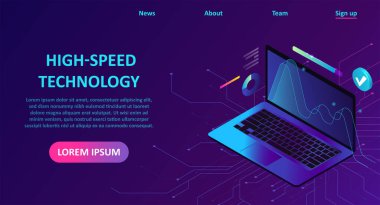 Yüksek hız teknoloji konsepti. Kablosuz hızlı interneti olan bir dizüstü bilgisayarın vektör indirme sayfası. 