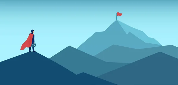 Vector Ambicioso Hombre Negocios Mirando Cima Montaña Con Bandera Roja — Vector de stock