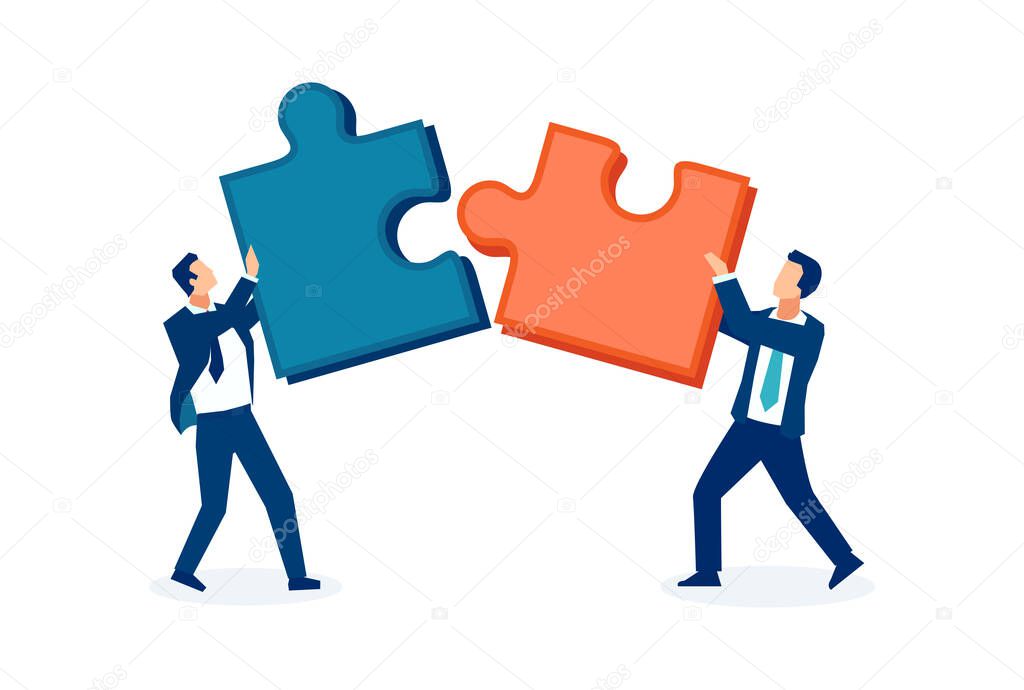 Vector of two business men connecting together two puzzle pieces 