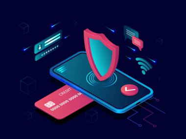 Mobil ödeme güvenlik konsepti. Akıllı telefon ve kredi kartı vektörü, İnternet güvenli banka işlemi 
