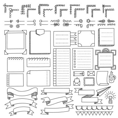 Kurşun günlük el vektör öğeleri için defter, günlüğü ve planlayıcısı çekilmiş. Beyaz arka plan üzerinde izole afiş doodle. Notlar, liste, çerçeveler, bölücüler, şeritler.