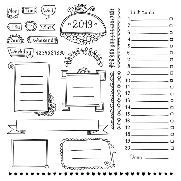 Bullet Journal Hand Drawn Vector Elements Notebook Diary Planner Doodle — Stock Vector