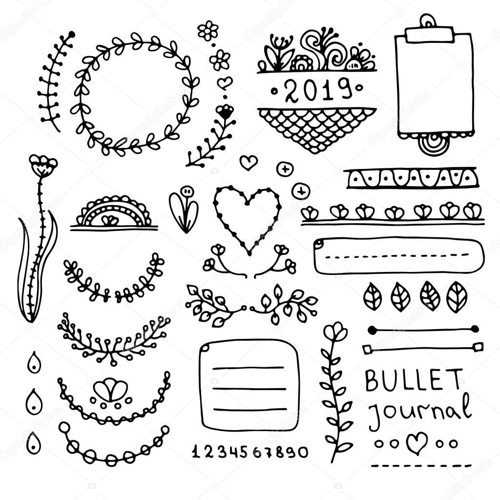 Bullet journal hand drawn vector elements for notebook, diary and planner. Doodle banners isolated on white background. Notes, list, frames, dividers, flowers.