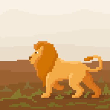 Şirin piksel aslan bir ova üzerinde yürüyor. Parlak 8 bit vektör çizim. 
