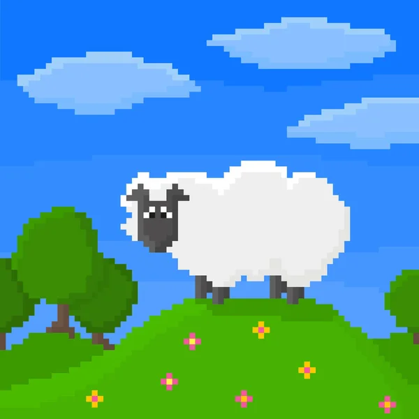 Cute Pixel Sheep Standing Hill Trees Sky Clouds Background Bright — Stock Vector