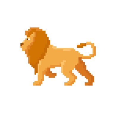 Beyaz arka plan üzerinde izole piksel aslan. 8 bit vektör çizim